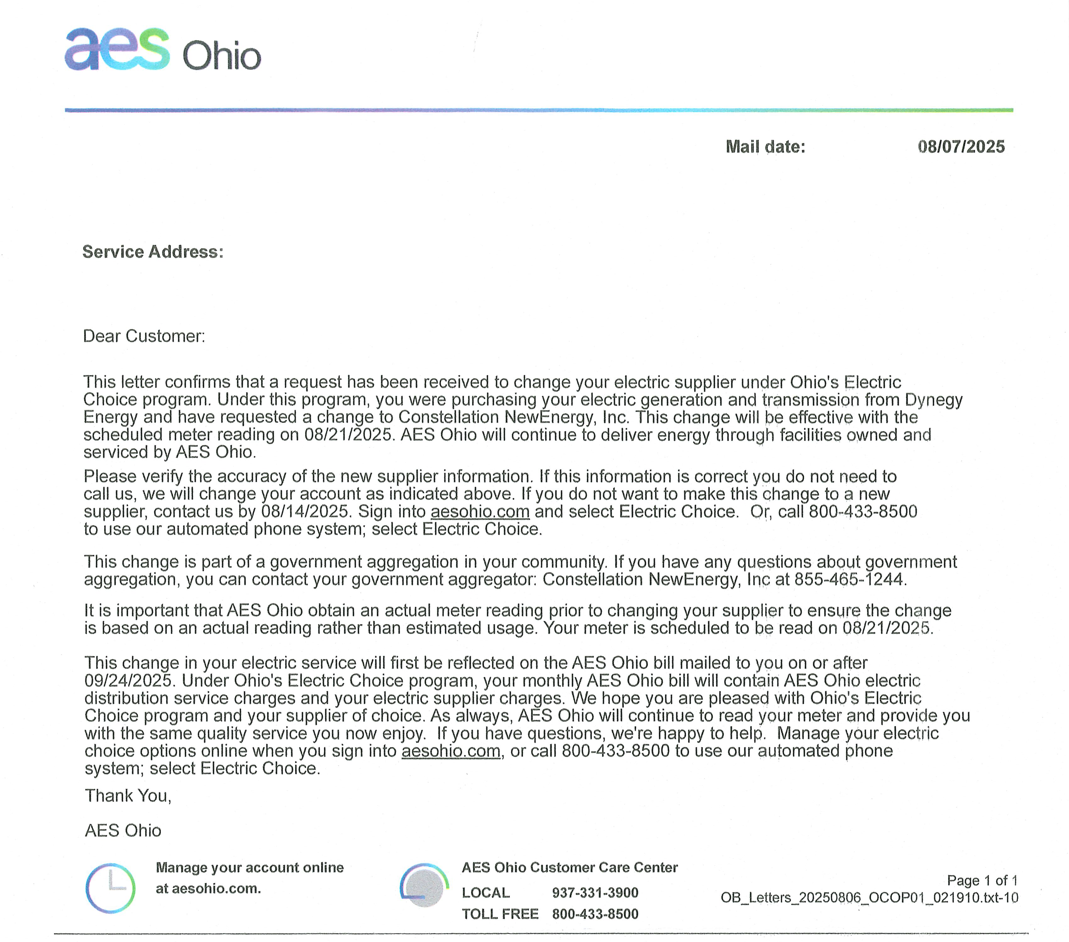 Letter from AES Ohio regarding city's electric aggregation program